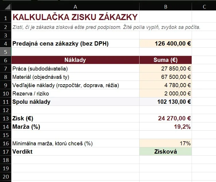 Kalkulačka zisku zákazky